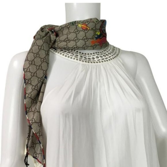 Gucci Women's Scarf Sylvie Web Motif Beige Printed Monogram GG 90x90cm DM - Picture 4 of 7